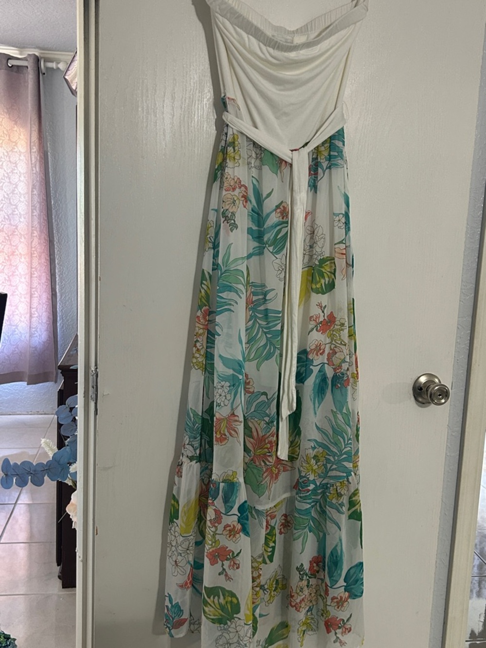 White Tropical Floral Strapless Maxi Dress